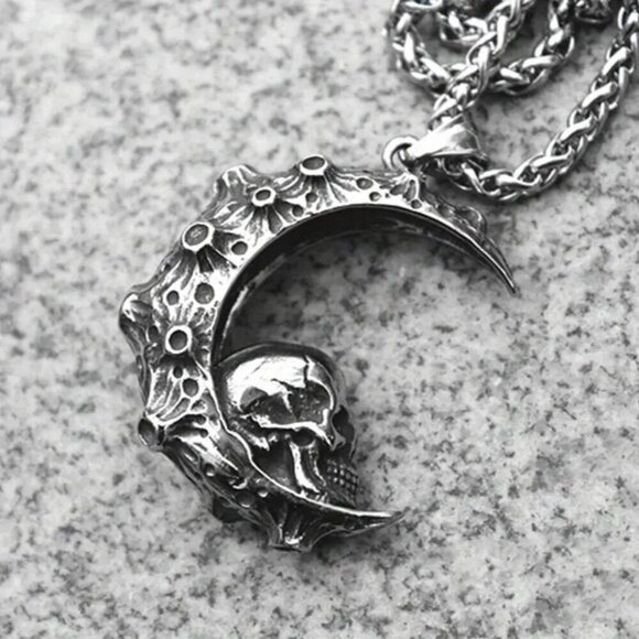 Large Crescent Moon and Skulls Gothic Necklace / Pendant (#1341) - Picture 8 of 11